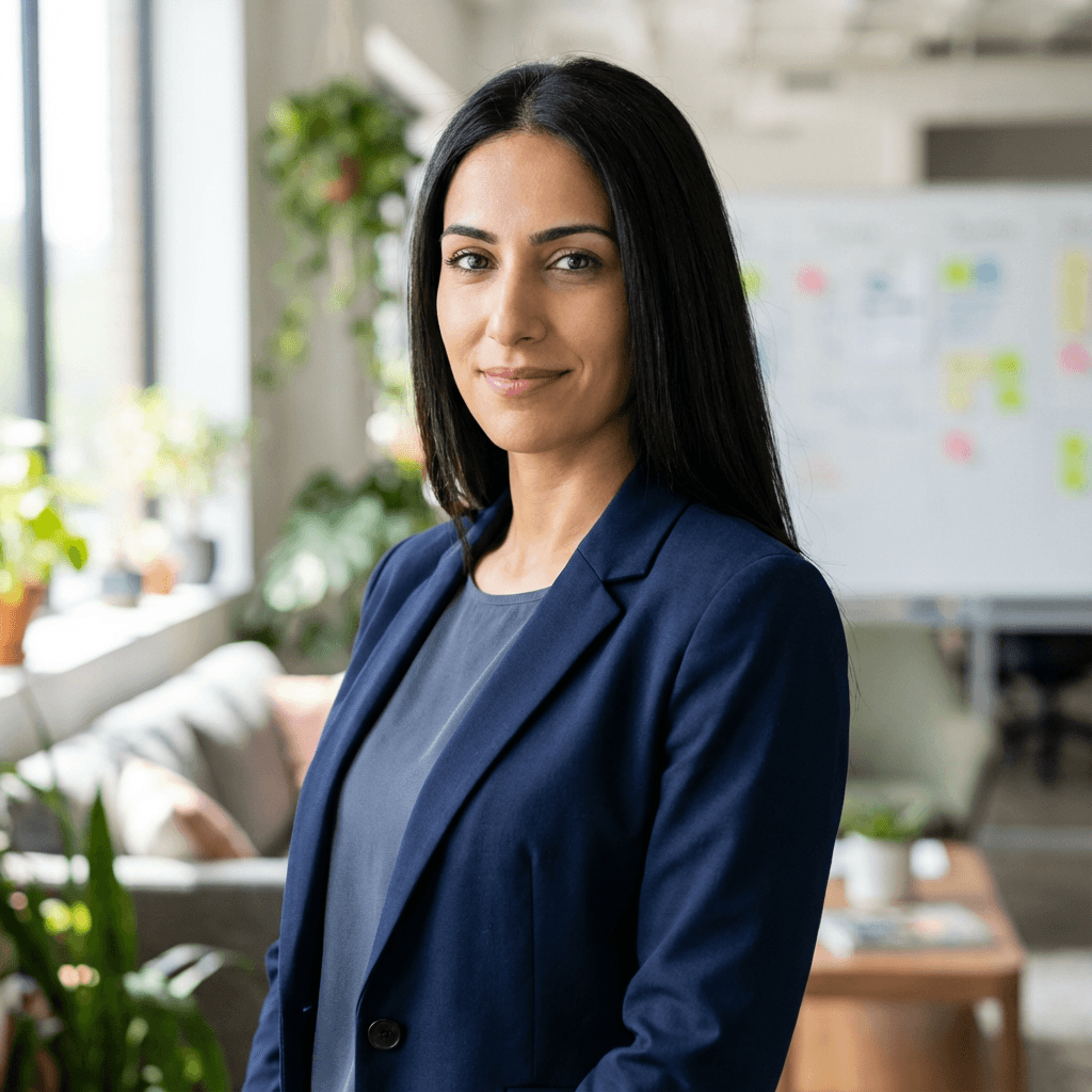 Female customer in her early 30s, Middle Eastern, practical confident expression