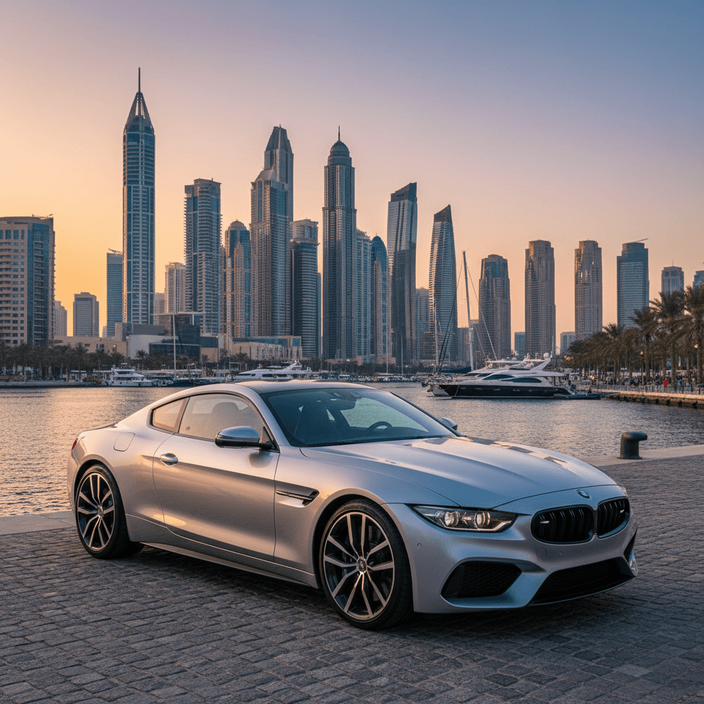 Coupe near waterfront with city skyline