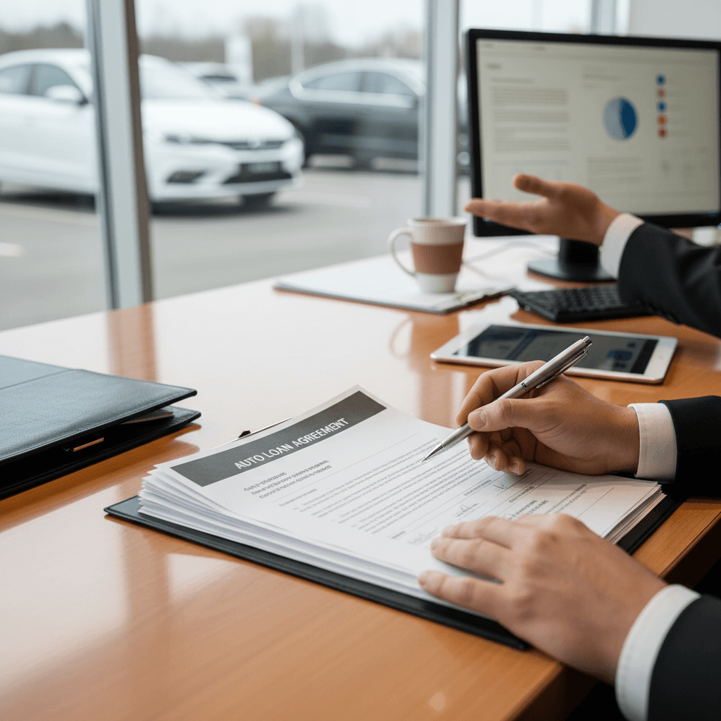 Person reviewing car loan paperwork at a desk