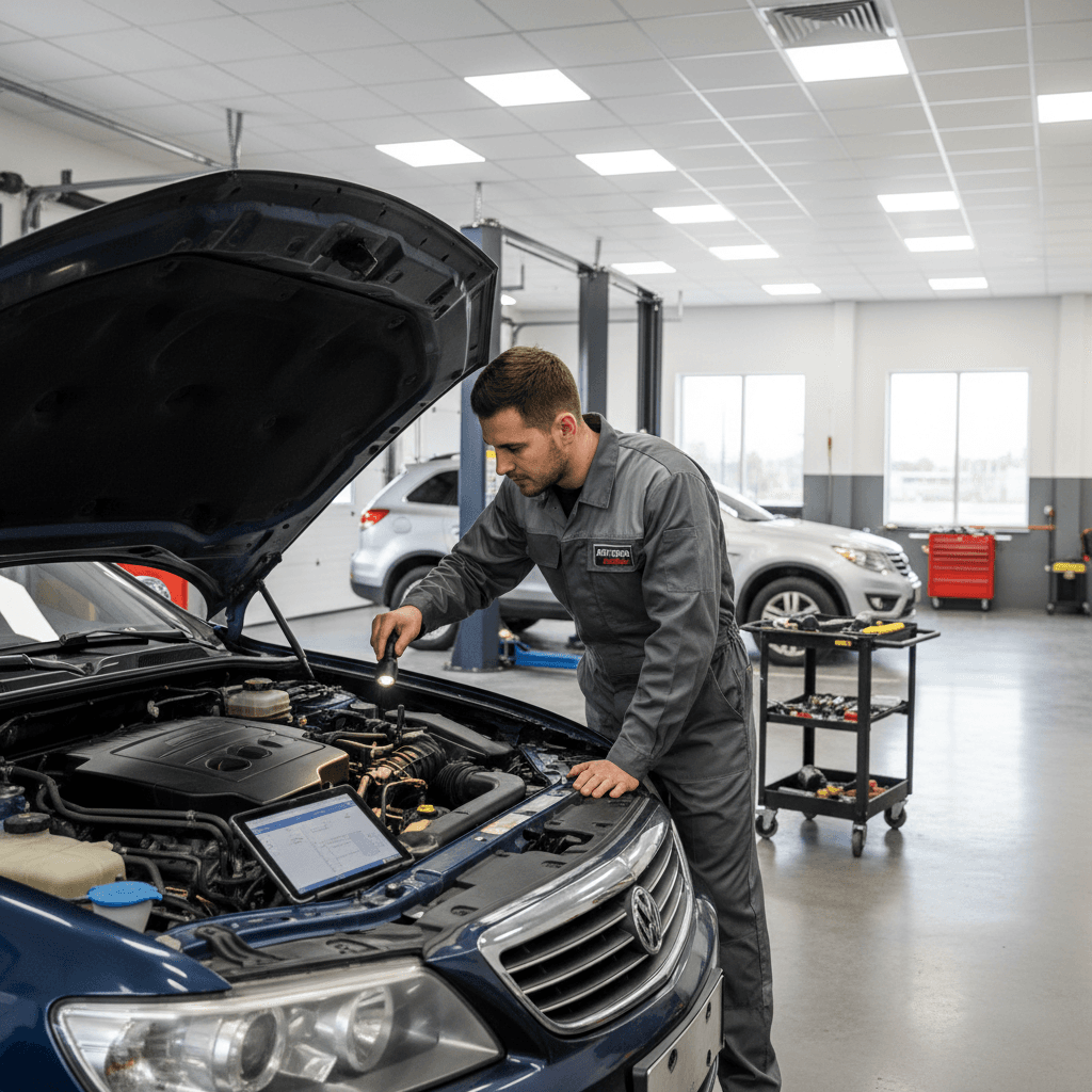 Mechanic inspecting engine bay of a car in a bright workshop