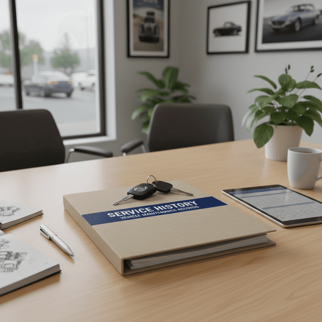 Car service record folder and keys on a desk