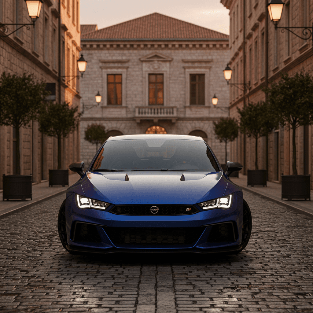 Sporty hatchback on a cobblestone street