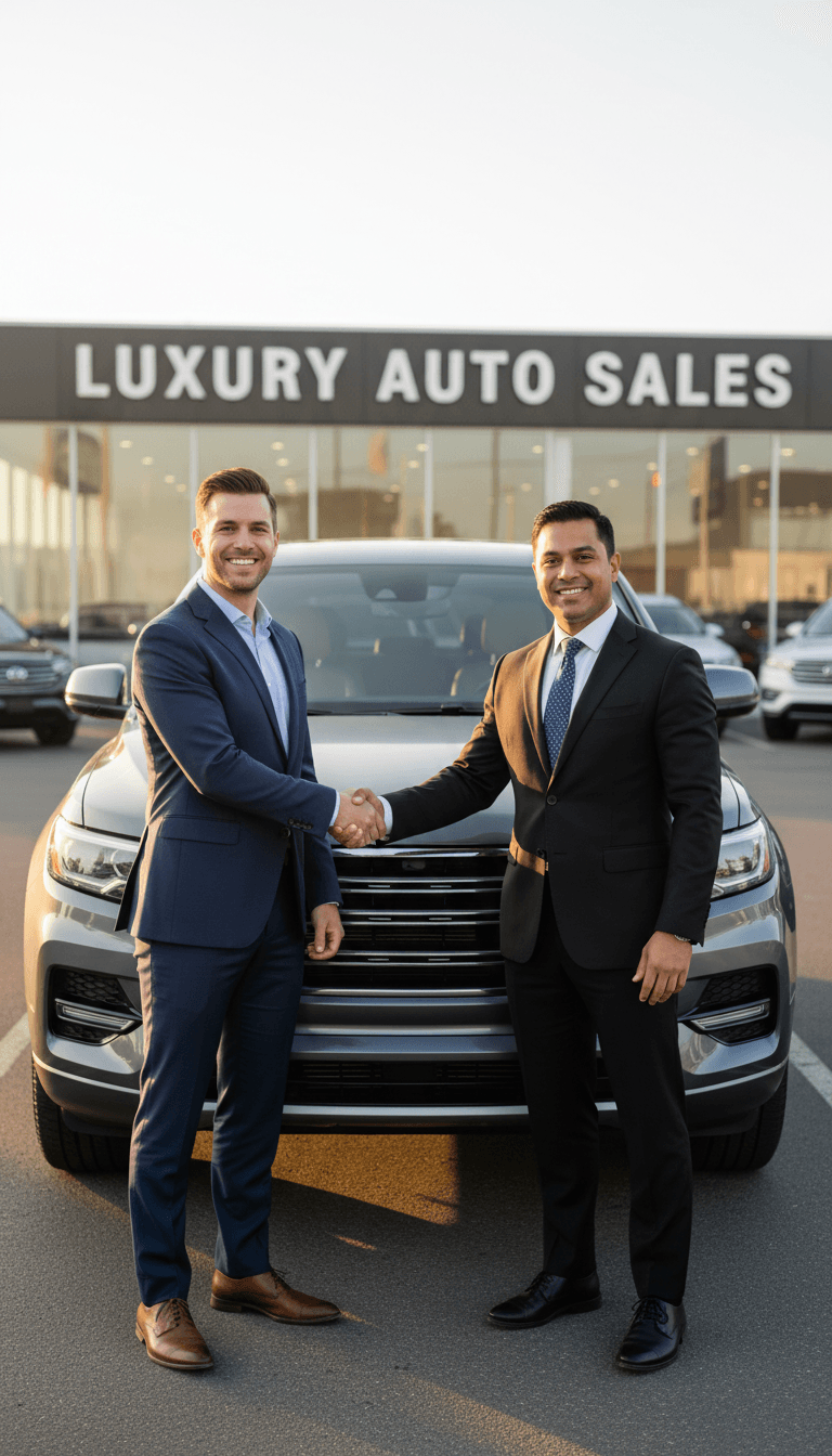 Man shaking hands with car salesman in front of a parked SUV