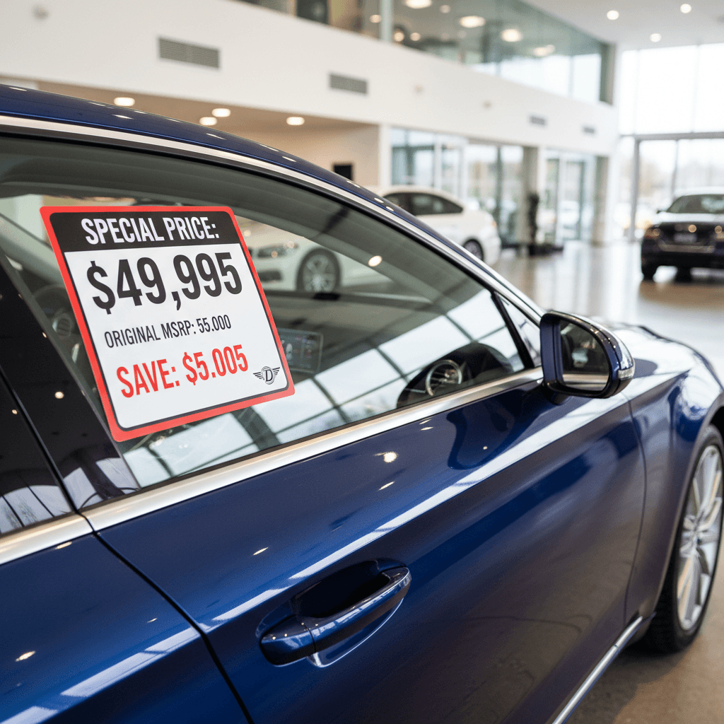 Car window with a price tag sticker in a dealership