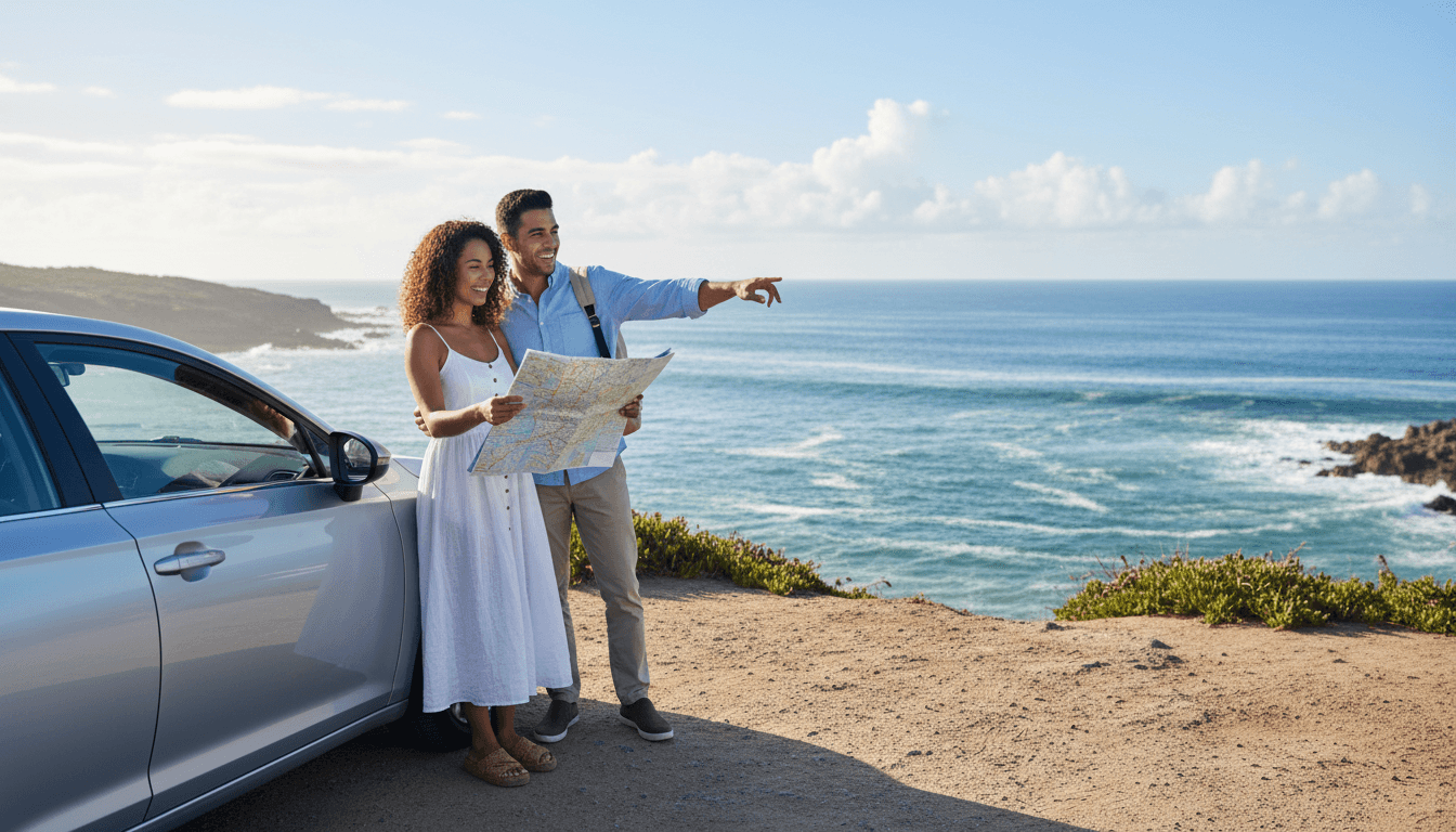 couple test driving a car on an open road with city skyline in background