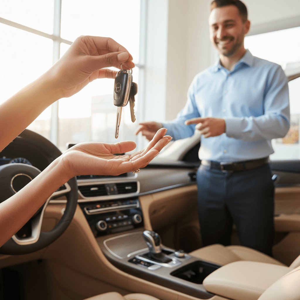car service technician smiling while handing keys to satisfied customer