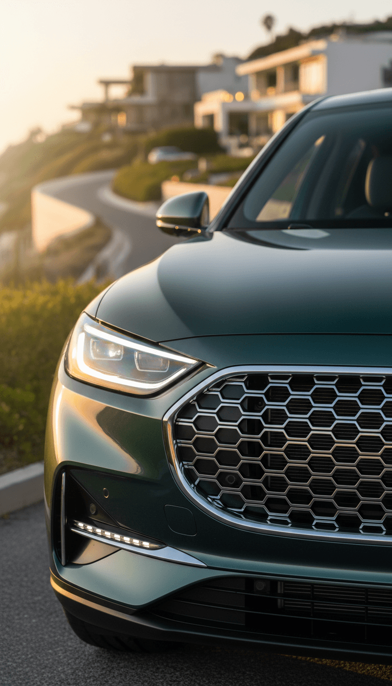 Close-up of a modern car front grille and headlight