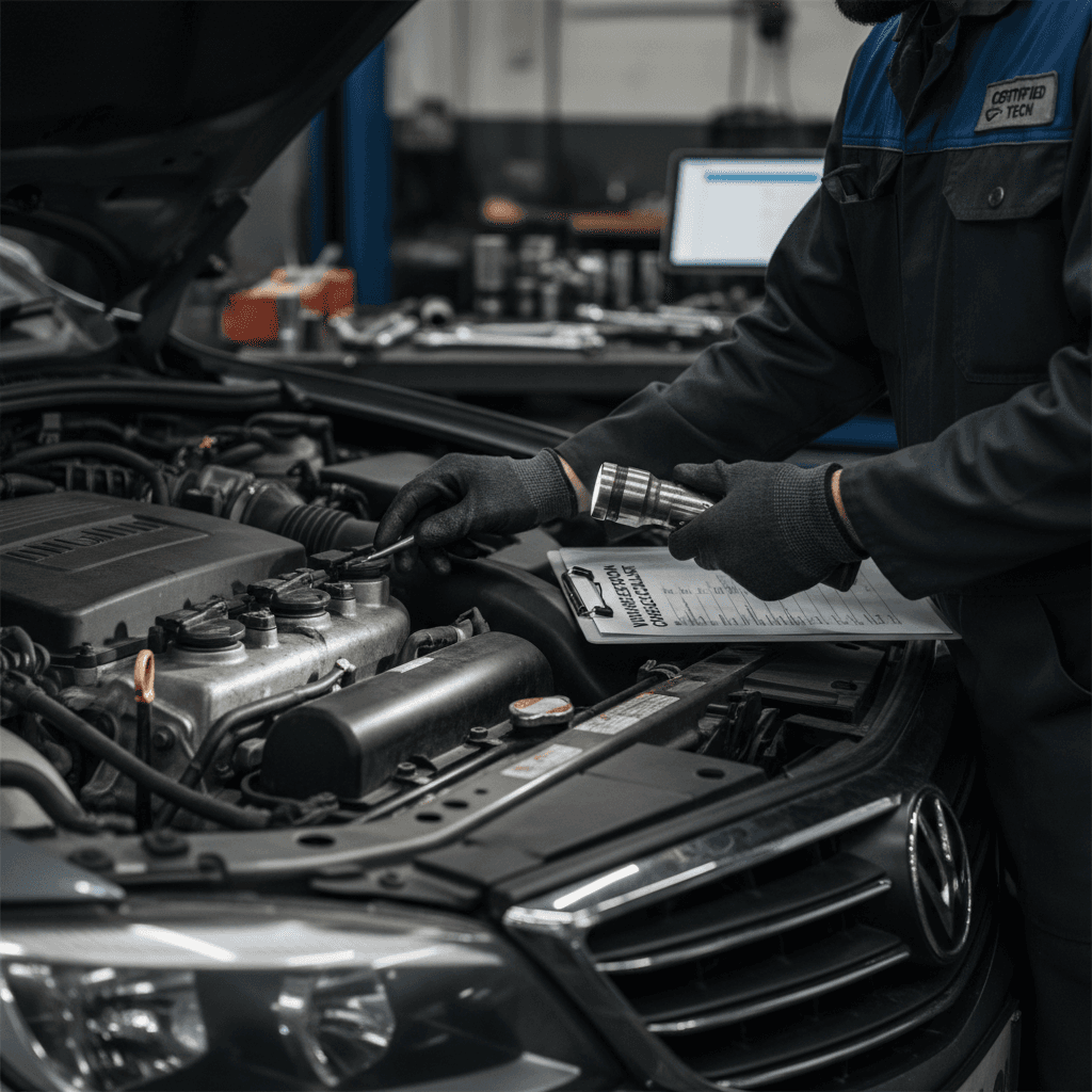professional mechanic in work clothes inspecting engine of a sedan in clean garage