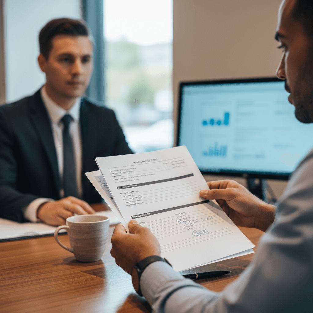 car dealership owner sitting at desk across from customer reviewing documents