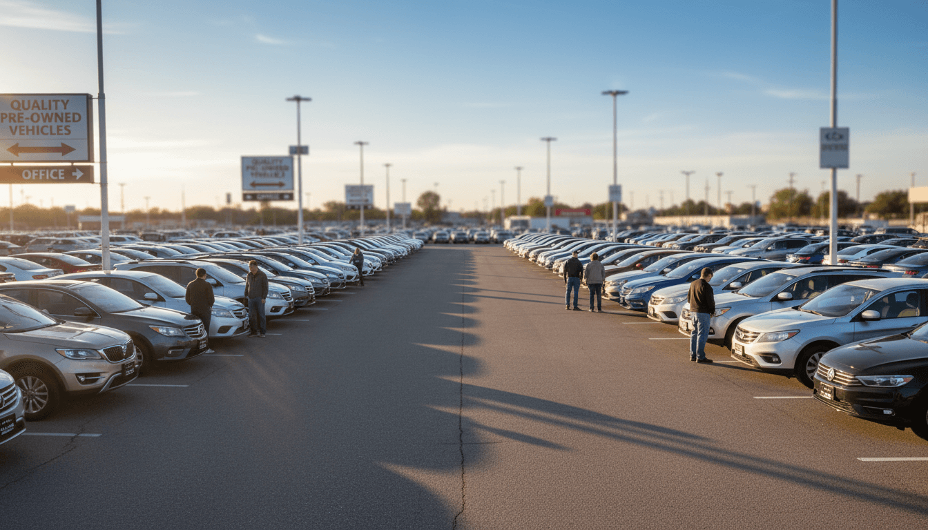 Red sedan parked on clean gravel lot with modern dealership building in background, sunny afternoon