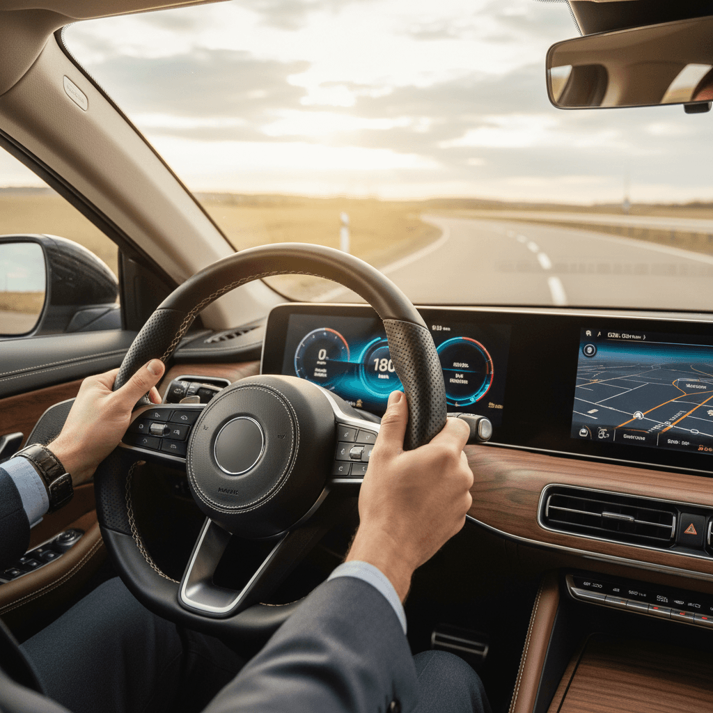 Car dashboard and steering wheel in a dealership showroom