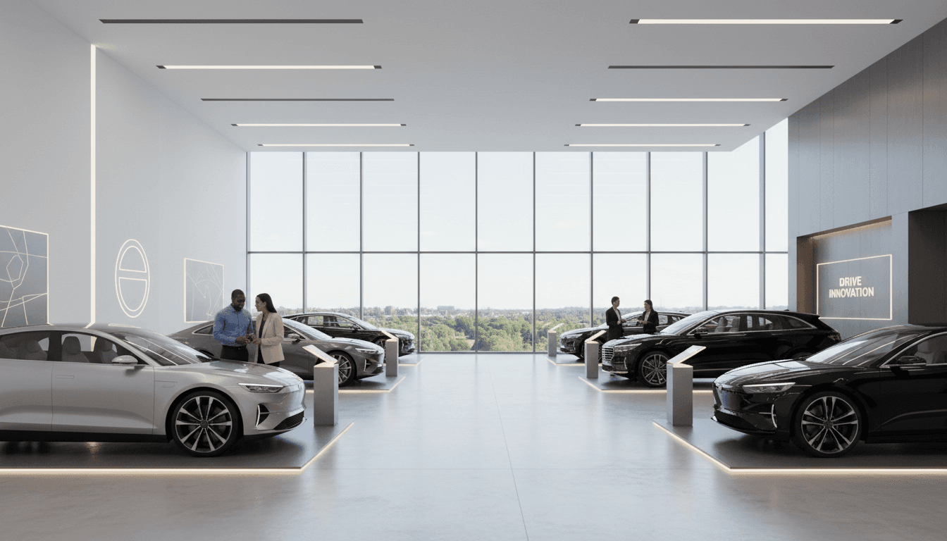 Car showroom with rows of vehicles on display