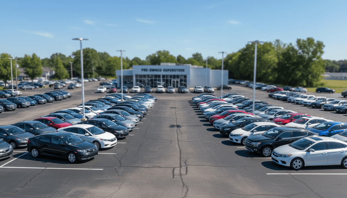 car dealership lot with rows of vehicles under bright sky