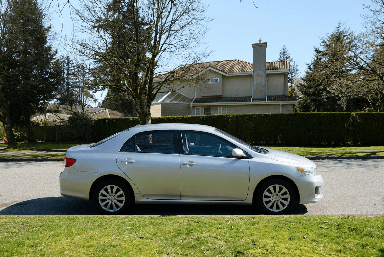 Red compact car in suburban area